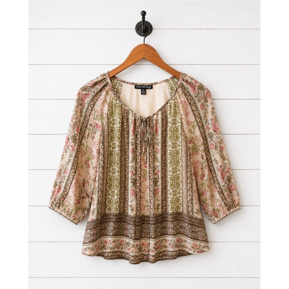 Sara Michelle Petite‎ Floral Boho Blouse PS Semi Sheer Lined 3/4 Sleeve